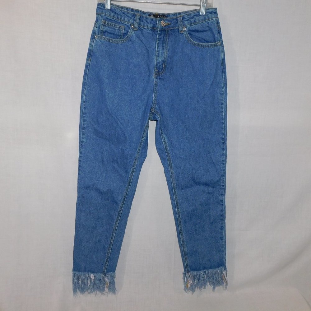 MISGUIDED RIOT Rigid Mom High Rise Blue Jeans Raw Frayed Fringe Hem Womens 8